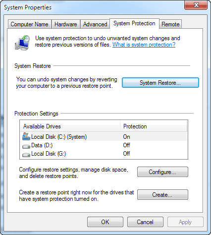 configuración de restauración del sistema