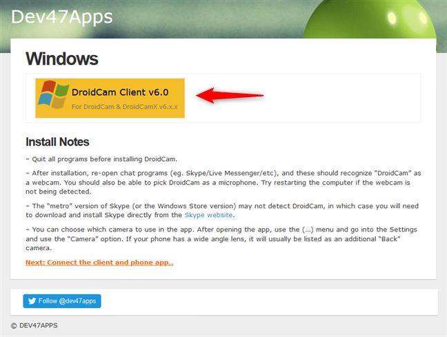 El enlace de descarga del cliente DroidCam