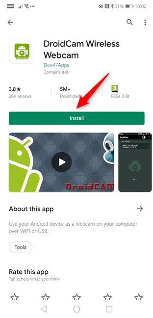 Instalación de la aplicación de cámara web inalámbrica DroidCam desde Play Store