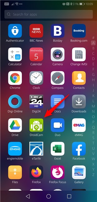 El acceso directo a la aplicación DroidCam Wireless Webcam de la lista Todas las aplicaciones