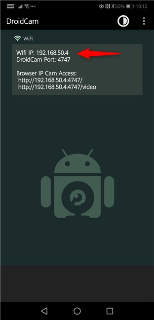 La dirección IP y el puerto utilizado por DroidCam