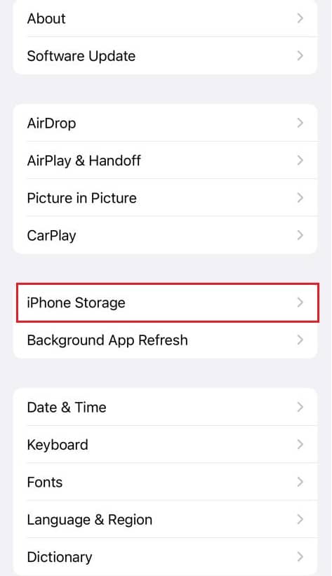toque el almacenamiento del iPhone en la configuración |  La aplicación de Instagram no funciona