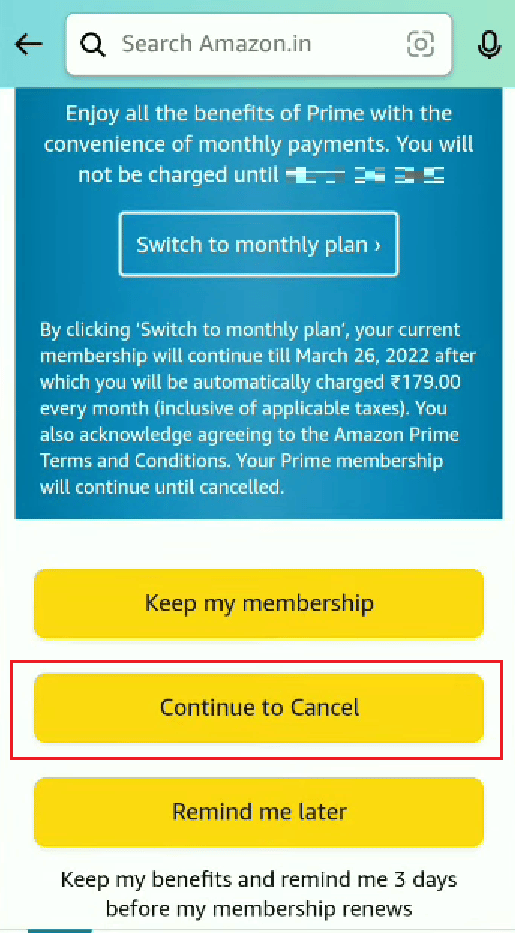 deslice hacia abajo y toque Continuar para cancelar |  Cómo cancelar Amazon FreeTime sin dispositivo |  Cargo de Amazon FreeTime en tarjeta de crédito