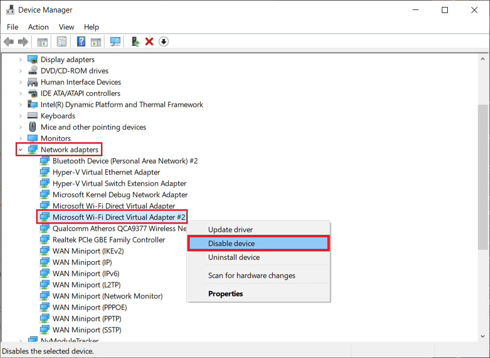 Haga clic derecho en el adaptador virtual Microsoft WiFi Direct y seleccione Desactivar