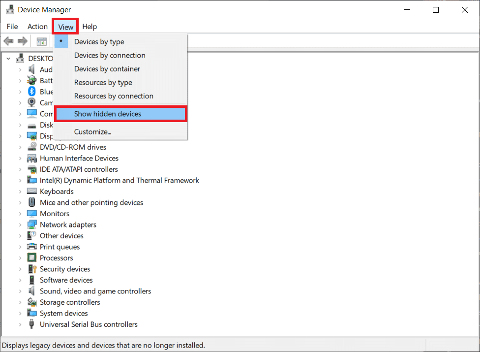 Haga clic en Ver y luego habilite Mostrar dispositivos ocultos