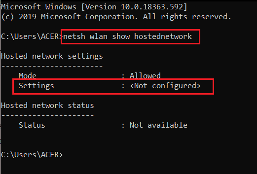ejecute el comando netsh wlan showhostednetwork y vea la configuración como no configurada en el símbolo del sistema o cmd