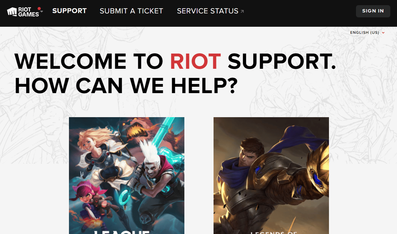 Página de soporte de Riot Games