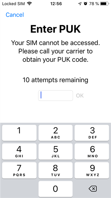 Un iPhone que pide un código SIM PUK