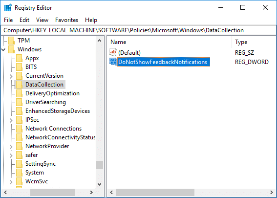 Nombre este DWORD recién creado como DoNotShowFeedbackNotifications y presione Entrar