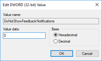 Para habilitar las notificaciones de comentarios de Windows, establezca el valor de DoNotShowFeedbackNotifications en 0