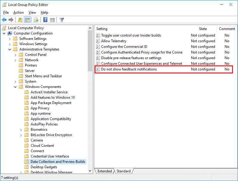 Haga doble clic en No mostrar la política de notificación de comentarios en Gpedit