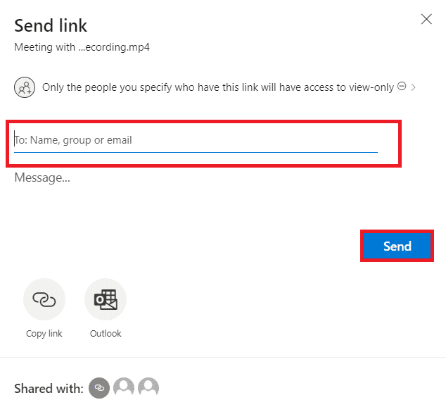 Escriba el nombre de la persona que desea compartir y haga clic en Enviar