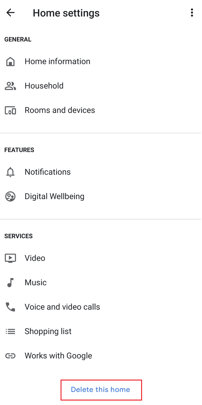 Pulse en Eliminar esta casa | restablecer de fábrica un Google Home mini