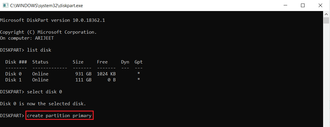 cree el comando principal de la partición en el símbolo del sistema de diskpart o en la ventana cmd.  Arreglar no se puede crear una nueva partición de espacio no asignado en Windows 10
