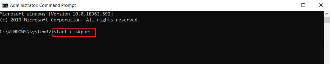 ingrese el comando start diskpart en el símbolo del sistema o cmd