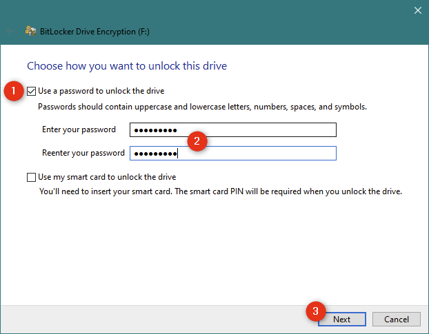 Elegir usar una contraseña para desbloquear la unidad USB cifrada con BitLocker