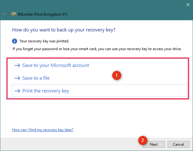 Opciones para hacer una copia de seguridad de la clave de recuperación para la unidad USB cifrada con BitLocker