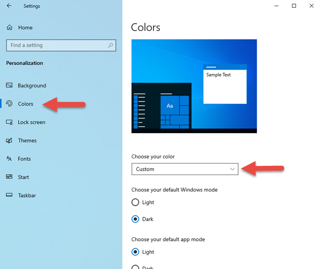 Colores usados ​​en Windows 10