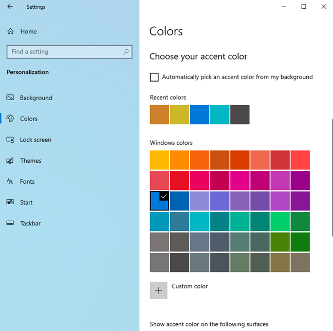 Establecer el color de acento utilizado por Windows 10