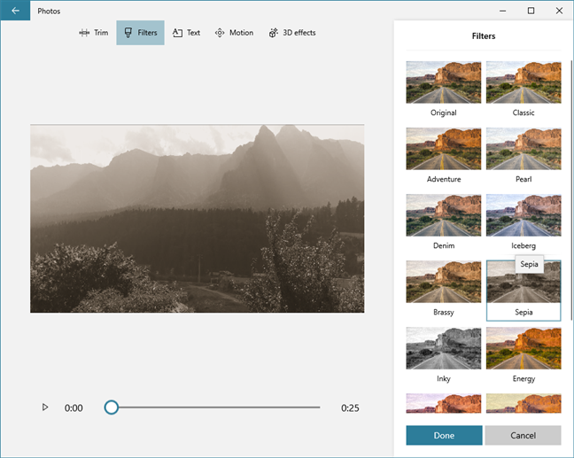 Los filtros disponibles en Video Editor