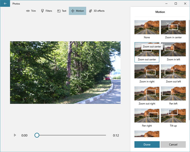 La lista de efectos de movimiento disponibles en Video Editor
