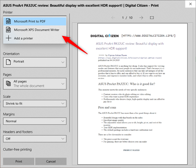Microsoft Print to PDF y Microsoft XPS Document Writer