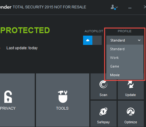Bitdefender, perfil, trabajo, juego, película, configurar