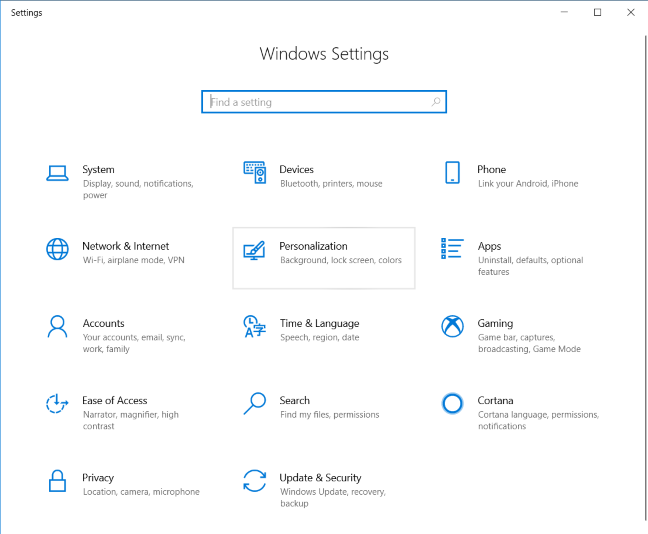 Configuración de Windows 10: vaya a Personalización