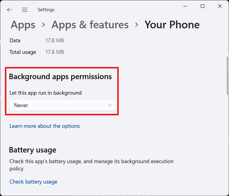 Opción de permisos de aplicaciones en segundo plano en la configuración