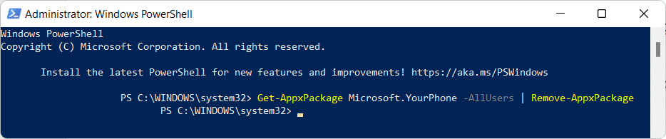 Comando de Windows Powershell para desinstalar la aplicación Your Phone.  Cómo deshabilitar la aplicación de teléfono en Windows 11