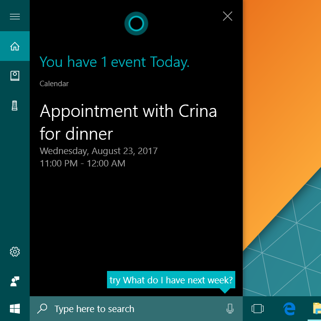 Cortana, Windows 10, horario