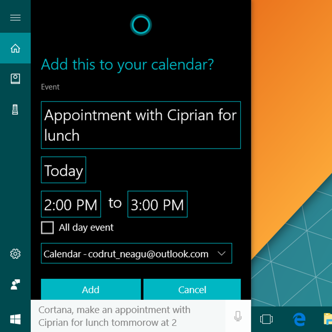 Cortana, Windows 10, horario