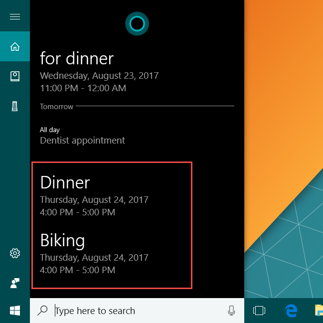 Cortana, Windows 10, horario