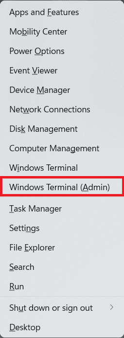 seleccione terminal de Windows, administrador en el menú de enlace rápido