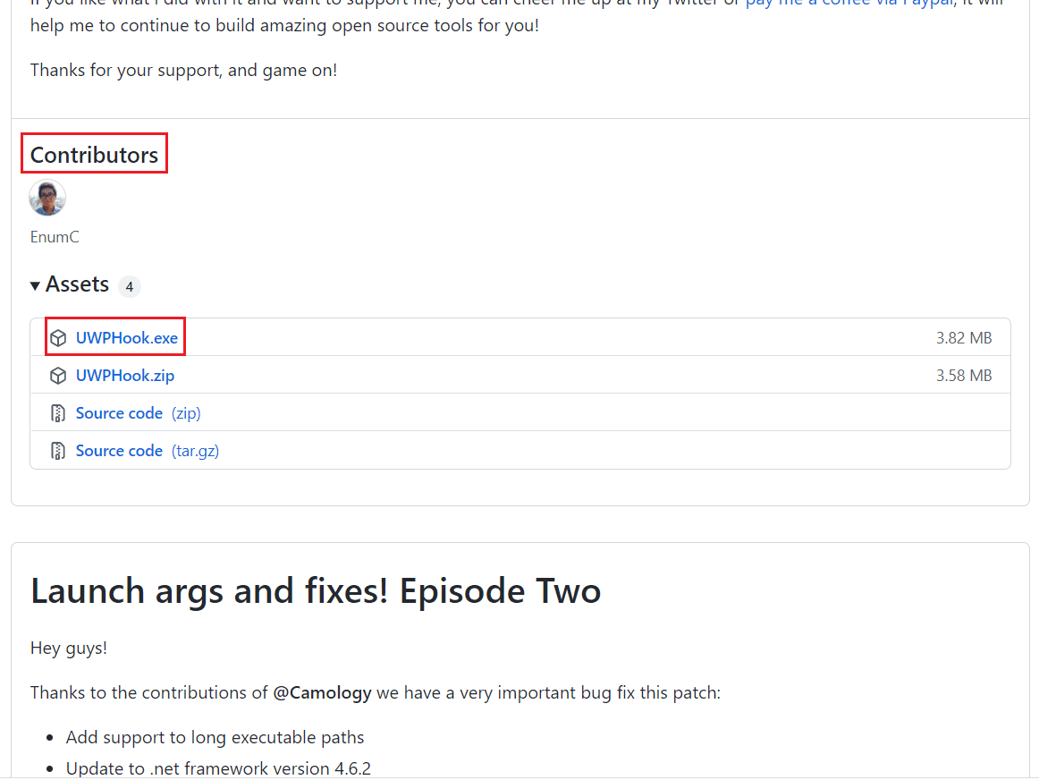 en la página de github, vaya a la sección Colaboradores y haga clic en UWPHook.exe