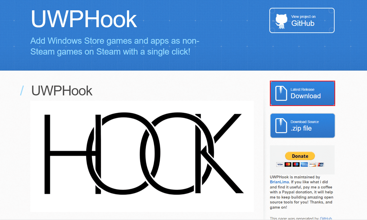 vaya a la página de descarga de UWPHook y haga clic en Descargar. Cómo agregar juegos de Microsoft a Steam usando UWPHook