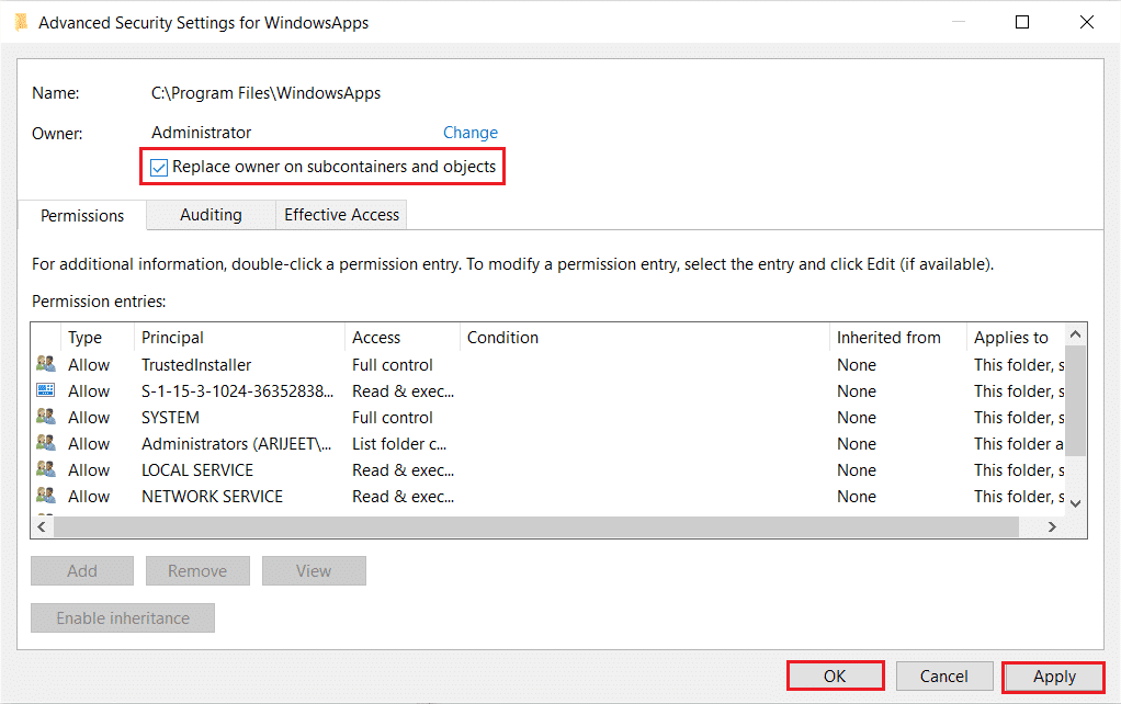 marque la opción reemplazar propietario en subcontenedores y objetos en Configuración de seguridad avanzada para aplicaciones de Windows
