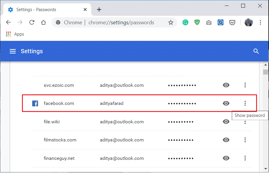 Encuentra Facebook en la lista y luego haz clic en el ícono del ojo al lado de la opción de contraseña
