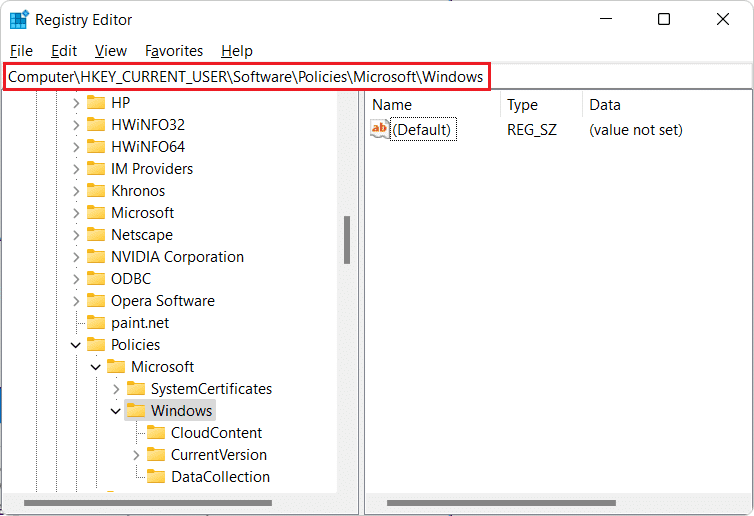 Vaya a la ubicación especificada en el Editor del Registro