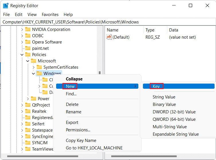 Haga clic con el botón derecho en la carpeta de Windows y seleccione Nuevo, luego haga clic en Clave.  ¿Cómo deshabilitar la búsqueda en línea desde el menú Inicio en Windows 11?