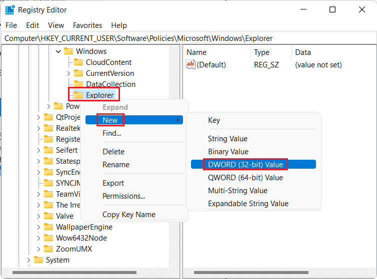 haga clic con el botón derecho en Explorador y seleccione Nuevo, luego haga clic en Valor DWORD de 32 bits.  ¿Cómo deshabilitar la búsqueda en línea desde el menú Inicio en Windows 11?