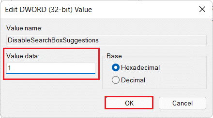 Haga doble clic en DisableSearchBoxSuggestions y configure los datos de valor en 1. Cómo deshabilitar la búsqueda en línea desde el menú Inicio en Windows 11