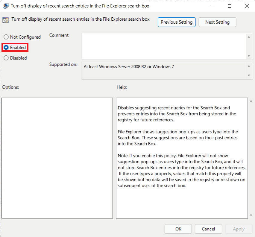 Configuración del cuadro de diálogo Propiedades.  ¿Cómo deshabilitar la búsqueda en línea desde el menú Inicio en Windows 11?