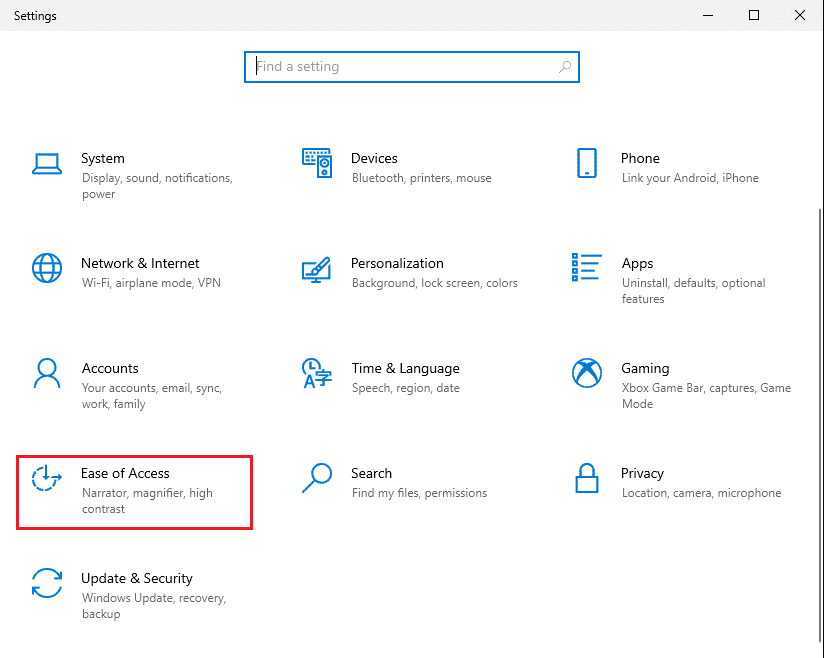 Inicie Configuración y navegue hasta Facilidad de acceso.  Cómo poner la pantalla en blanco y negro en la PC