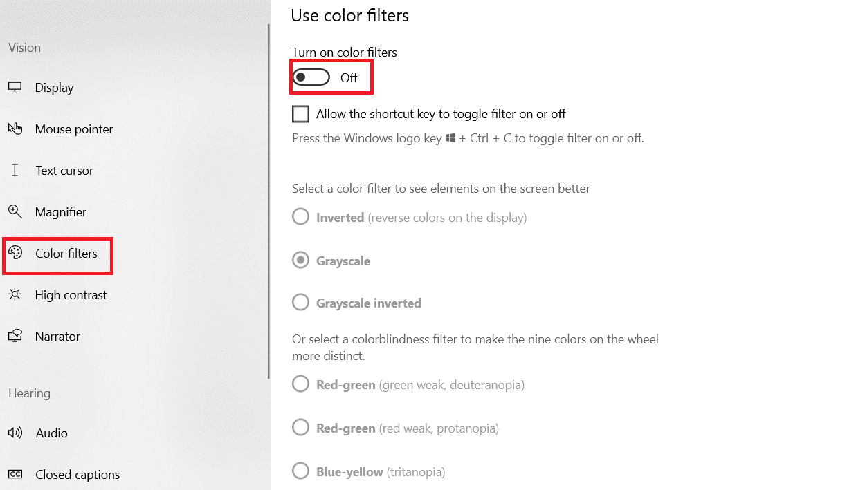 Haga clic en Filtros de color en el panel izquierdo de la pantalla.  Activa la barra para Activar filtros de color.