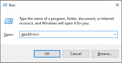 Escriba gpedit.msc y presione Entrar.  Se abre una ventana del Editor de políticas de grupo local.  Escala de grises de Windows 10