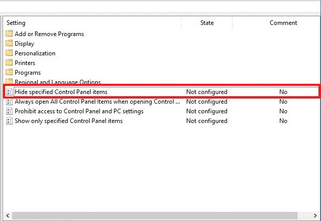 Haga clic en Ocultar elementos específicos del panel de control en el panel derecho.  Cómo poner la pantalla en blanco y negro en la PC