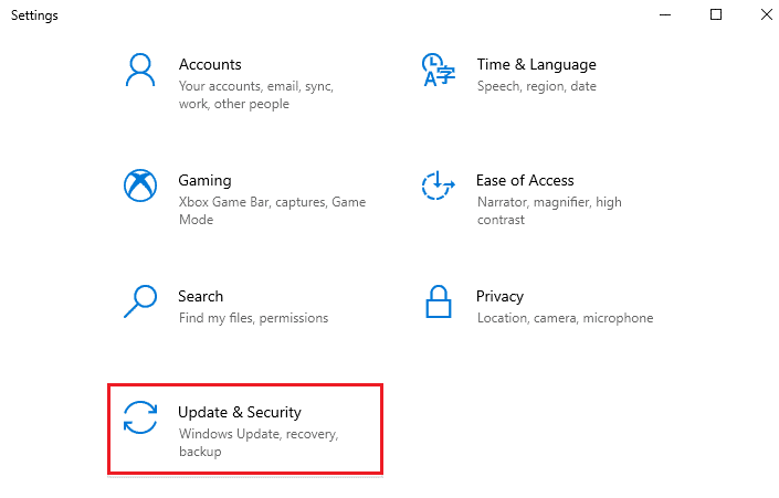 Seleccione Actualización y seguridad.  Solucionar el error de actualización de Windows 10 0x80070103