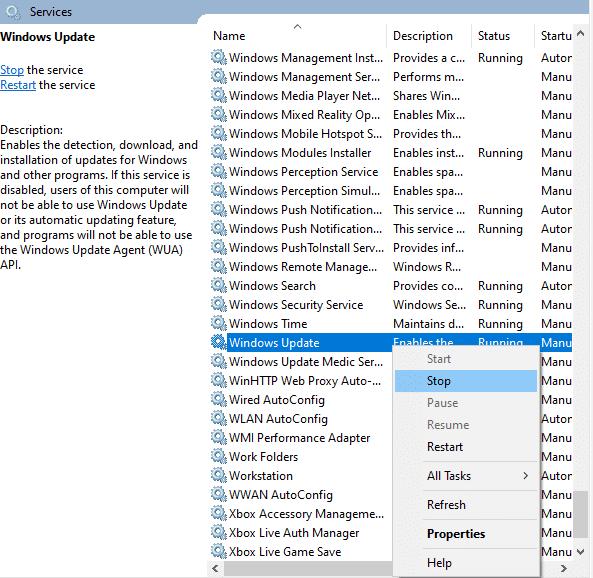 Aquí, haga clic en Detener si el estado actual muestra En ejecución.  Solucionar el error de actualización de Windows 10 0x80070103