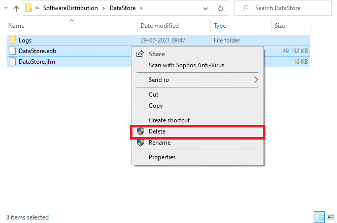 Aquí, seleccione la opción Eliminar para eliminar todos los archivos y carpetas de la ubicación de DataStore.  Solucionar el error de actualización de Windows 10 0x80070103